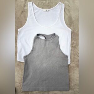 Free People gray & white tops; white: round neck/waist ties; gray racer back, S
